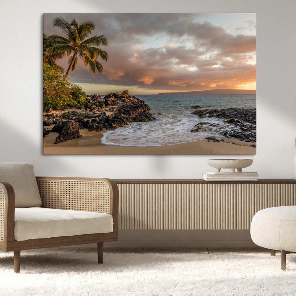 Tropical Beach Wall Art Canvas Print, Vibrant Hawaiian Sunset with Ocean Waves