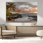Tropical Beach Wall Art Canvas Print, Vibrant Hawaiian Sunset with Ocean Waves