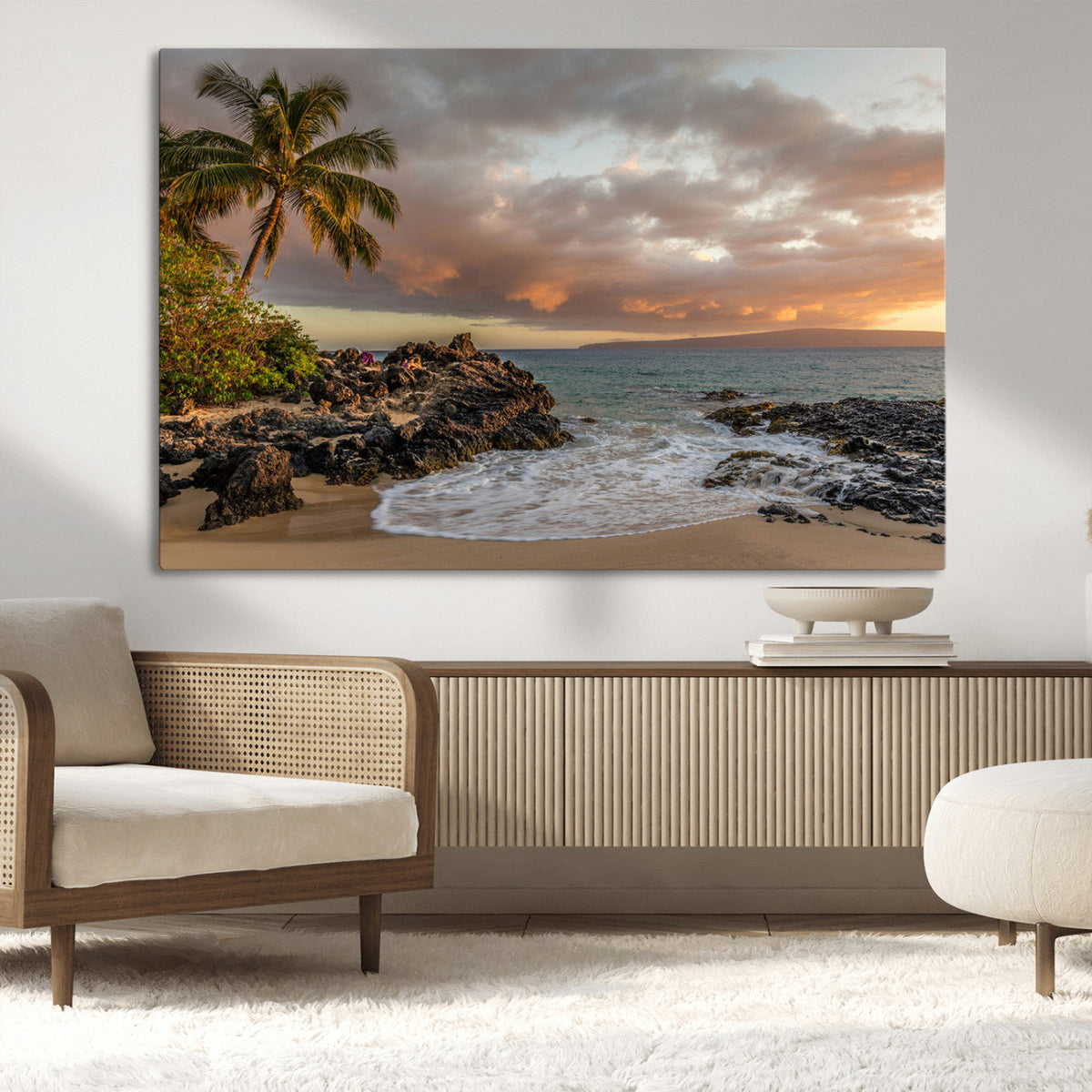 Tropical Beach Wall Art Canvas Print, Vibrant Hawaiian Sunset with Ocean Waves