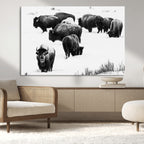 Buffalo Herd Wall Art Canvas Print, Framed Black and White Snowy Landscape