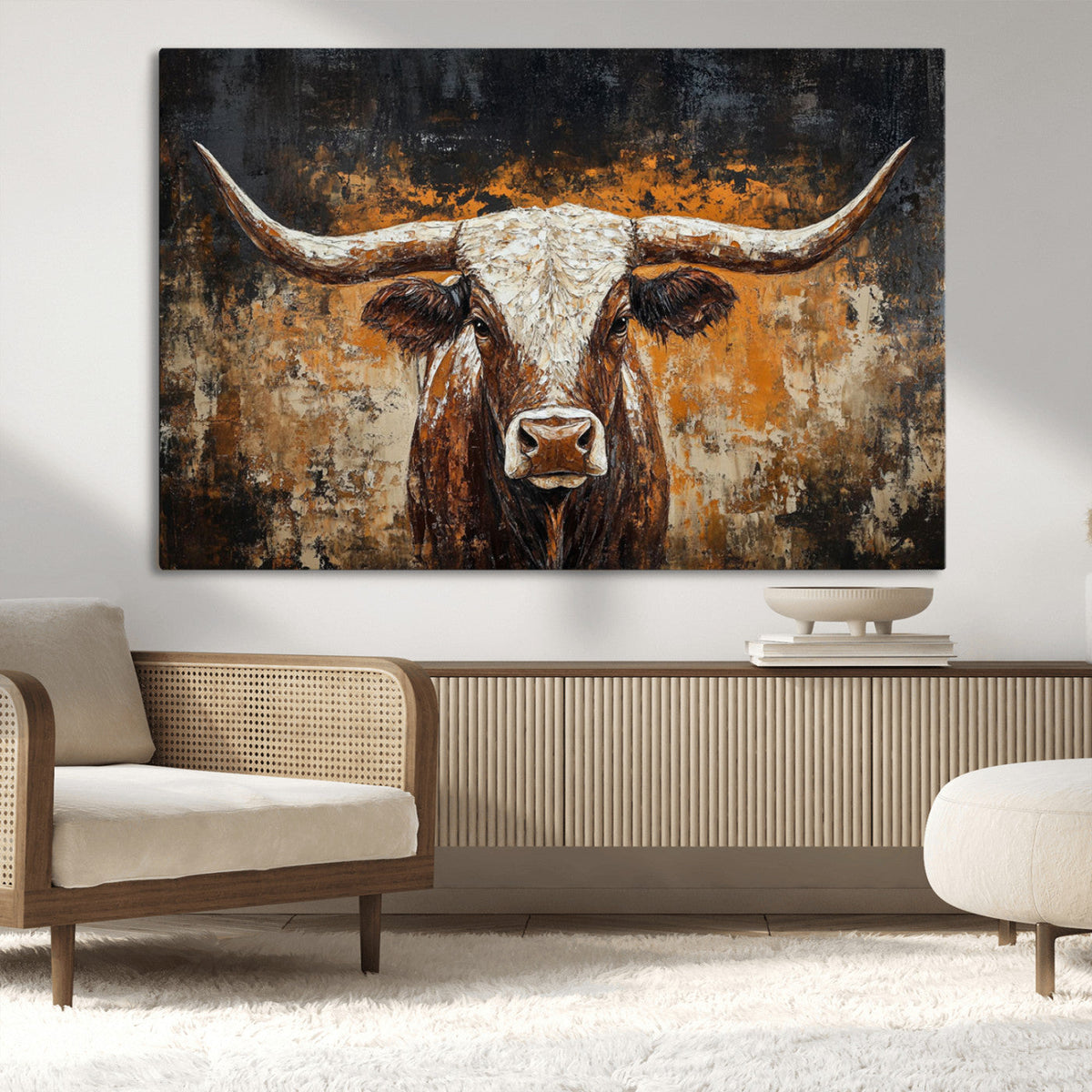 Abstract Longhorn Bull Wall Art Canvas Print, Vintage Western Texas Steer Artwork