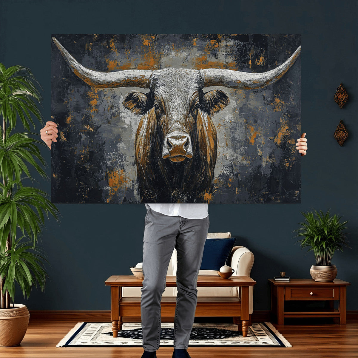Rustic Bull Wall Art Canvas Print, Longhorn Wall Decor