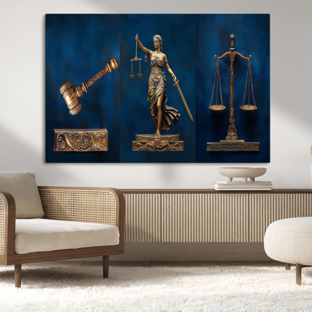 Lady Justice Wall Art Canvas Print, Elegant Gold Legal Symbols on Blue, Law Office Decor