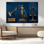 Lady Justice Wall Art Canvas Print, Elegant Gold Legal Symbols on Blue, Law Office Decor