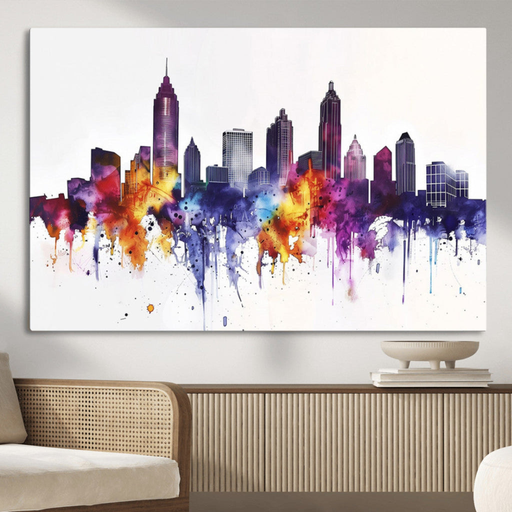 Atlanta Skyline Wall Art Canvas Print, Framed Colorful Watercolor Cityscape