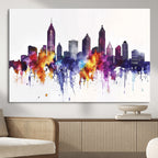 Atlanta Skyline Wall Art Canvas Print, Framed Colorful Watercolor Cityscape