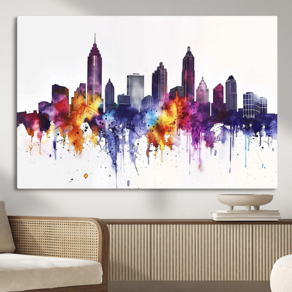 Atlanta Skyline Wall Art Canvas Print, Framed Colorful Watercolor Cityscape