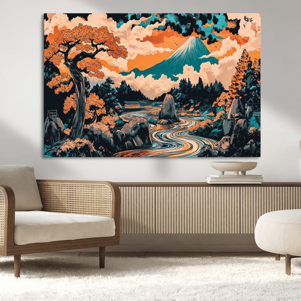 Japanese Landscape Wall Art Canvas Print, Mount Fuji with Flowing River and Autumn Trees