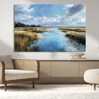 Marshland Wall Art Canvas Print, Serene Water Reflection with Blue Sky and Golden Grass