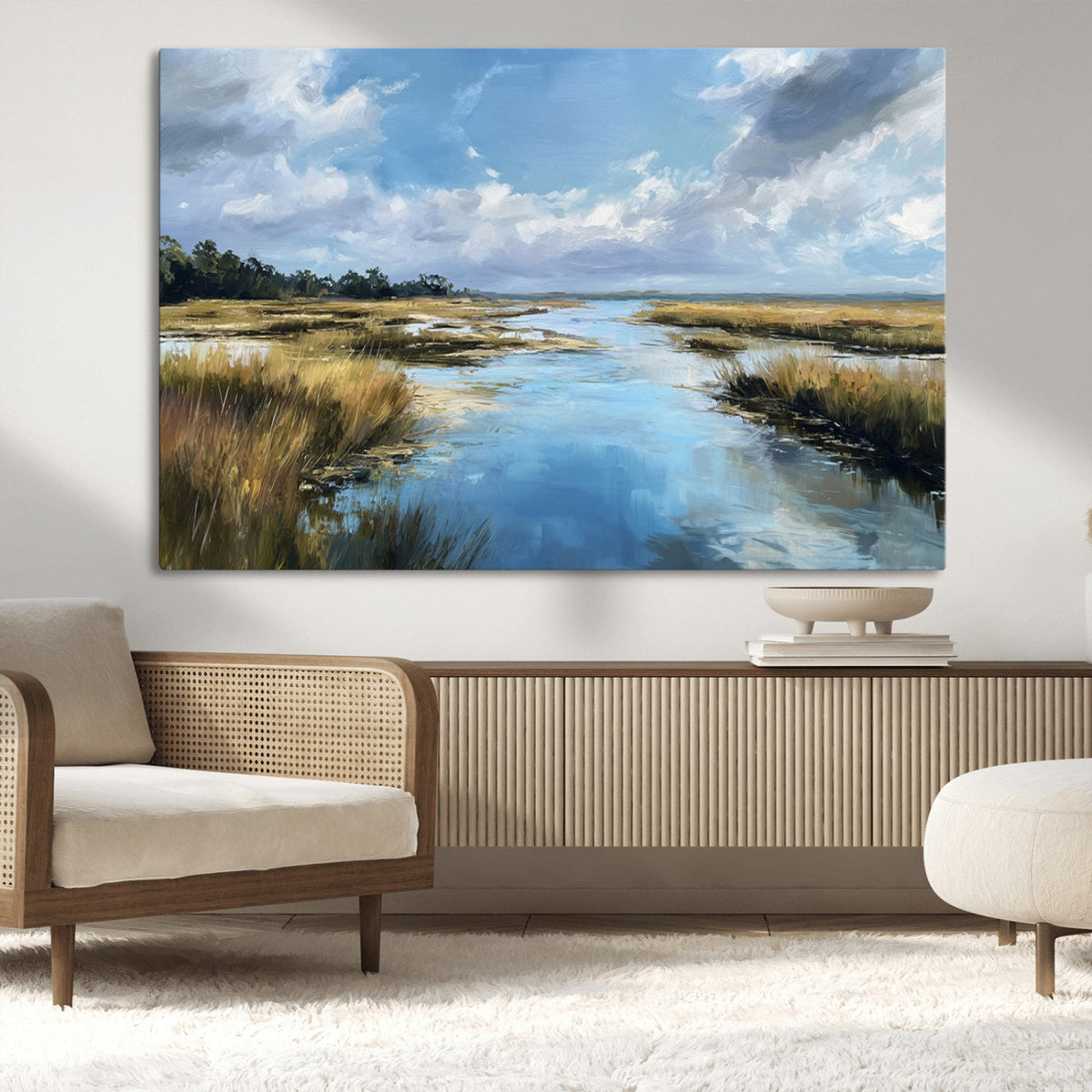 Marshland Wall Art Canvas Print, Serene Water Reflection with Blue Sky and Golden Grass