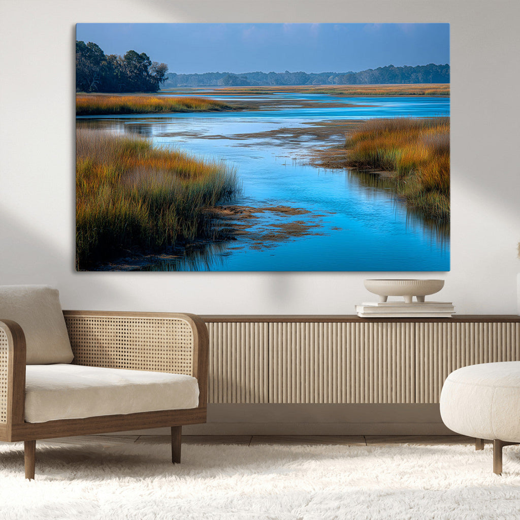 Tranquil Marshland Wall Art Canvas Print, Blue Water Reflecting Sky and Golden Grasses