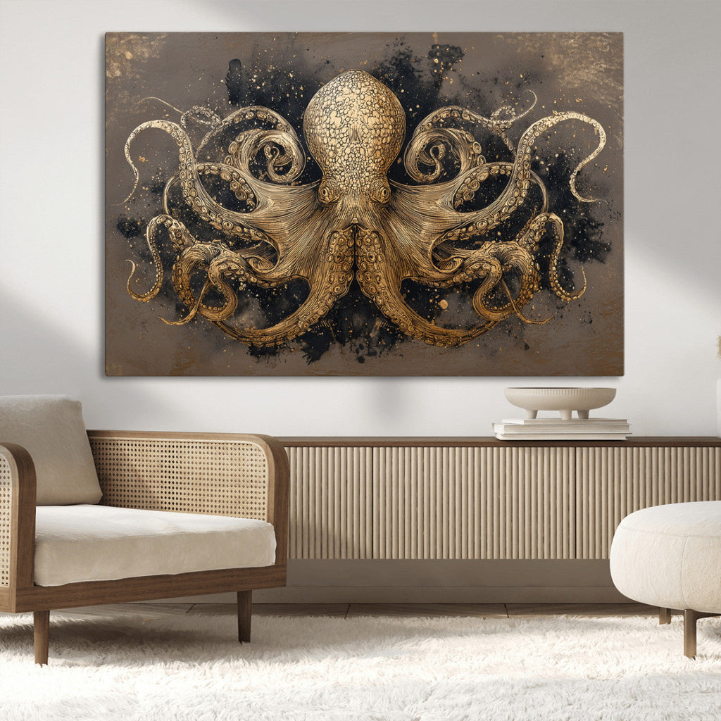 Octopus Wall Art Canvas Print, Black and Gold Detailed Tentacles Nautical Illustration