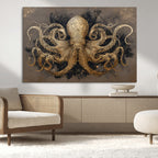 Octopus Wall Art Canvas Print, Black and Gold Detailed Tentacles Nautical Illustration
