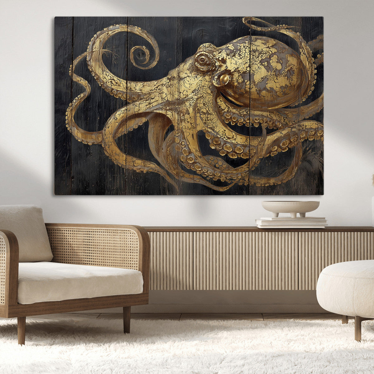 Octopus Wall Art Canvas Print, Gold Detail Octopus on Wooden Plank Background