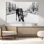 Moose Wall Art Canvas Print, Winter Moose with Antlers in a Snowy Forest