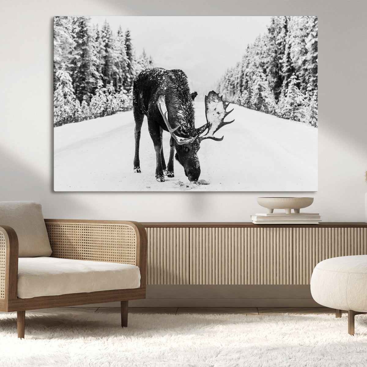 Moose Wall Art Canvas Print, Winter Moose with Antlers in a Snowy Forest