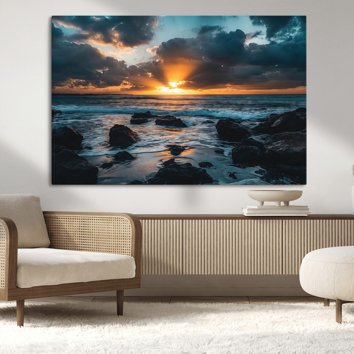 Ocean Sunset Wall Art Canvas Print, Rocky Shore Waves and Golden Sun Rays