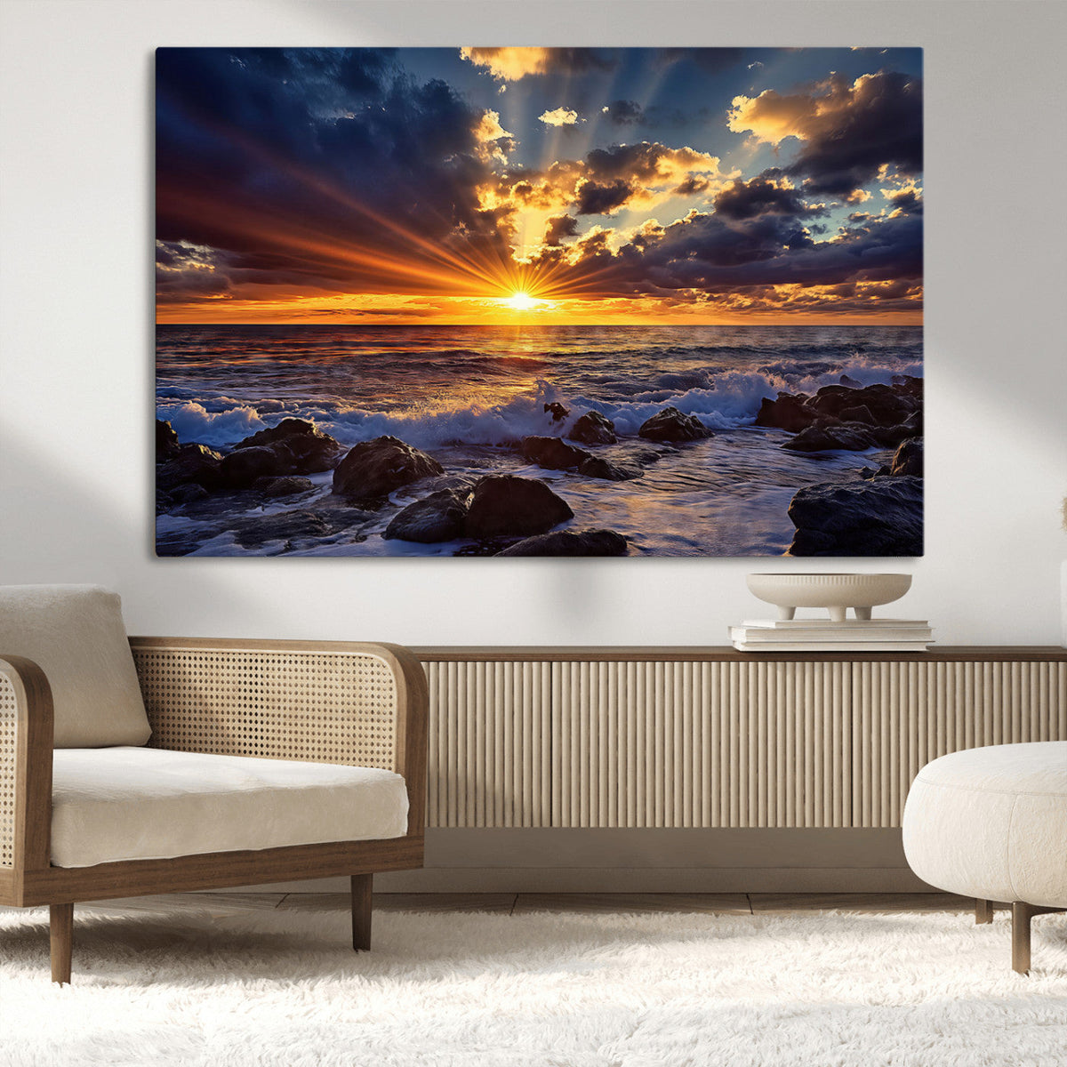 Sunset Ocean Wall Art Canvas Print, Waves on a Rocky Shore Under Dramatic Sky