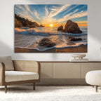 Rocky Ocean Sunset Wall Art Print, Seaside Canvas with Dramatic Seascape