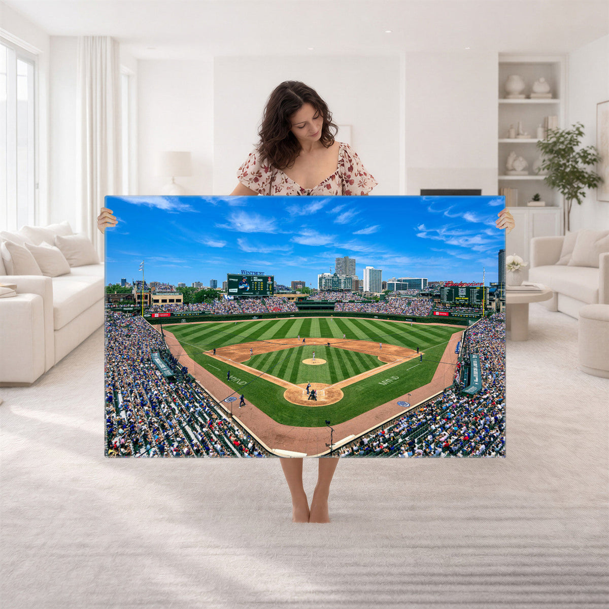 Wrigley Field Baseball Stadium Canvas Wall Art, Packed Crowd and Chicago Skyline