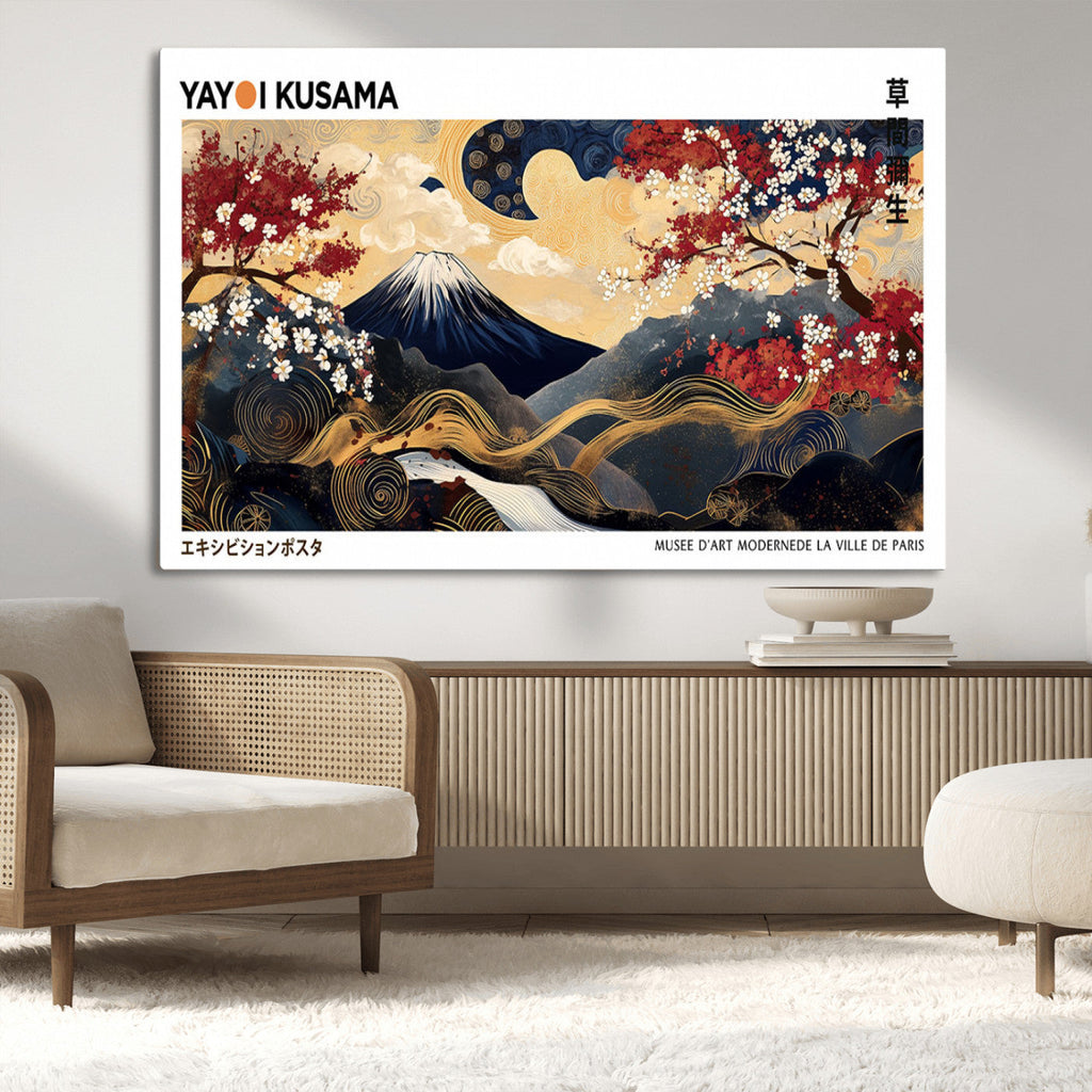 Yayoi Kusama Inspired Japanese Art Canvas Print, Floral Mt. Fuji Modern Asian Wall Decor