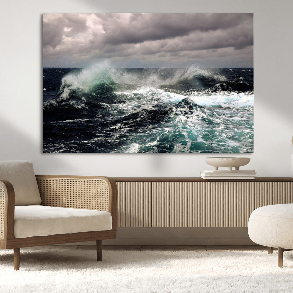 Stormy Ocean Waves Canvas Wall Art, Framed Turbulent Sea Nature Print
