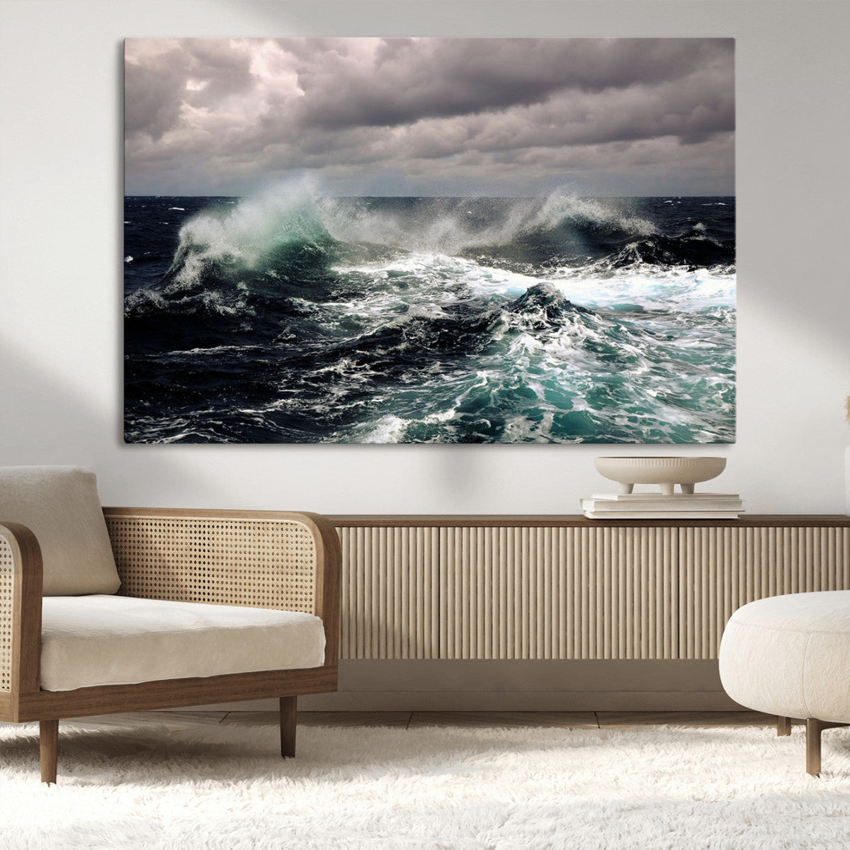 Stormy Ocean Waves Canvas Wall Art, Framed Turbulent Sea Nature Print