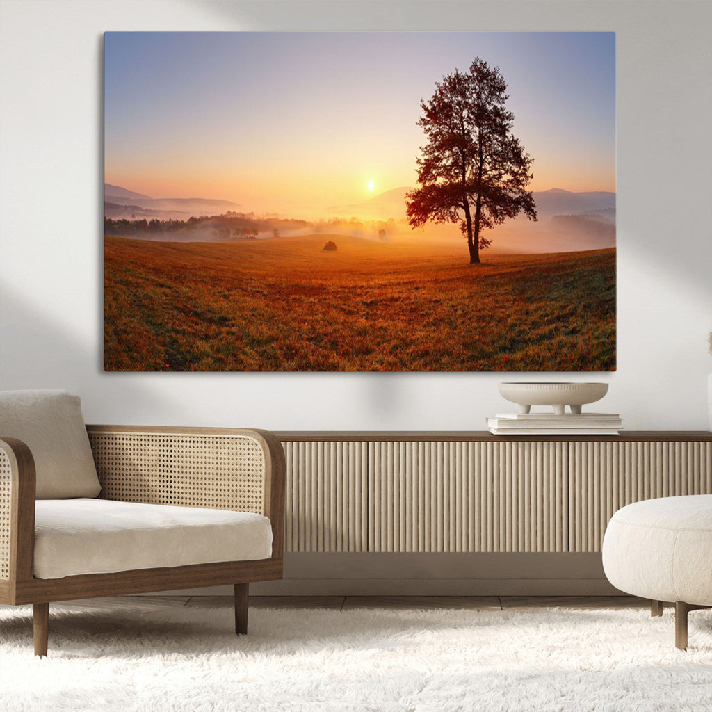 Golden Sunrise Landscape Canvas Wall Art, Framed Misty Field Nature Print