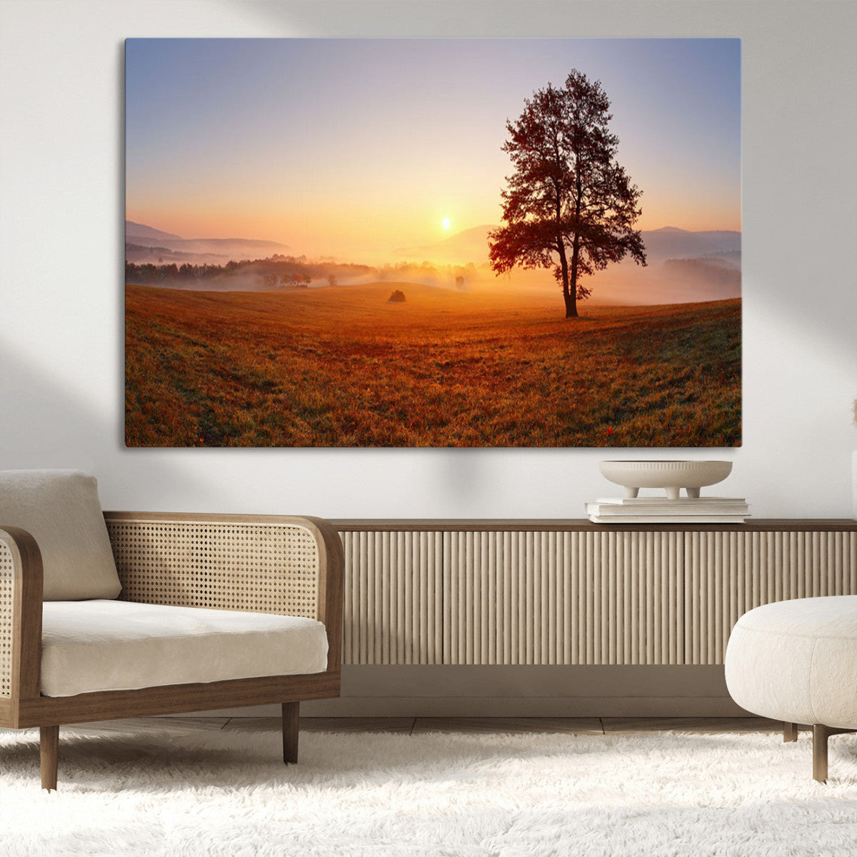 Golden Sunrise Landscape Canvas Wall Art, Framed Misty Field Nature Print