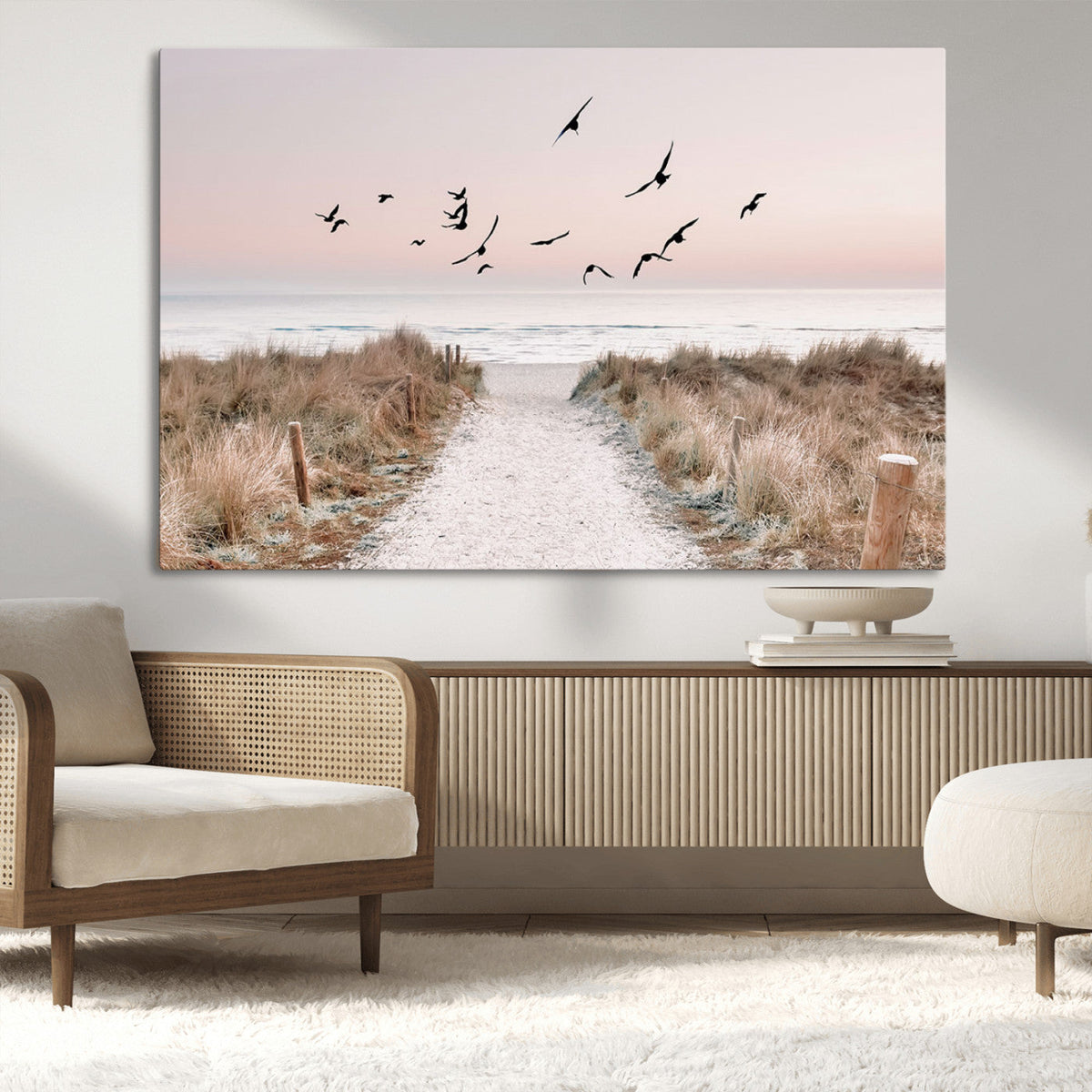 Coastal Pathway Canvas Wall Art Print, Framed Seaside Landscape with Beach and Birds