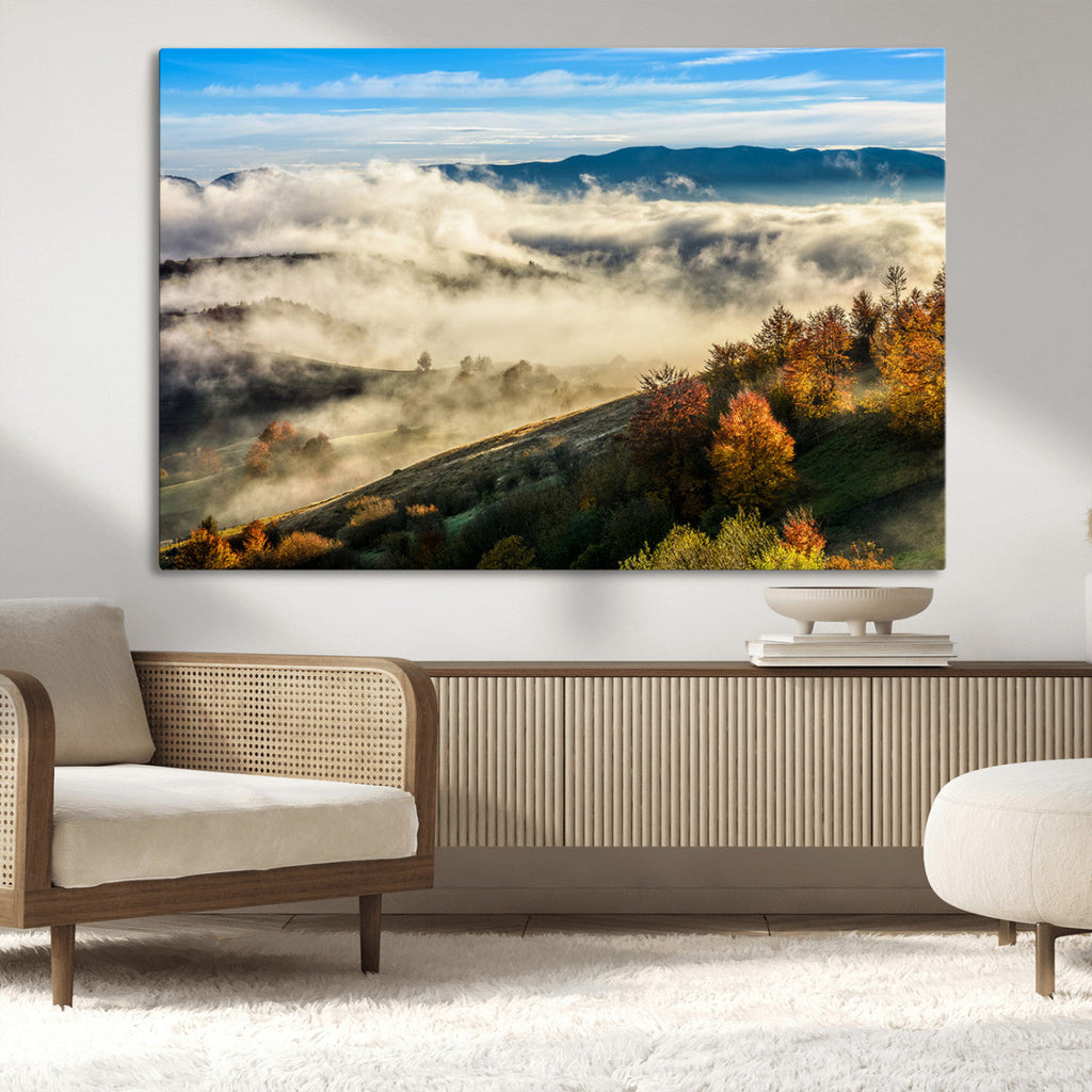 Misty Autumn Hills Wall Art Canvas Print, Foggy Forest Landscape with Fall Foliage