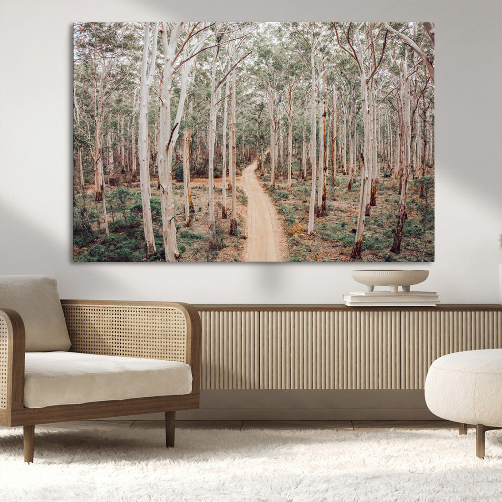 Forest Dirt Road Wall Art Canvas Print, Scenic Woodland Pathway with Tall Trees