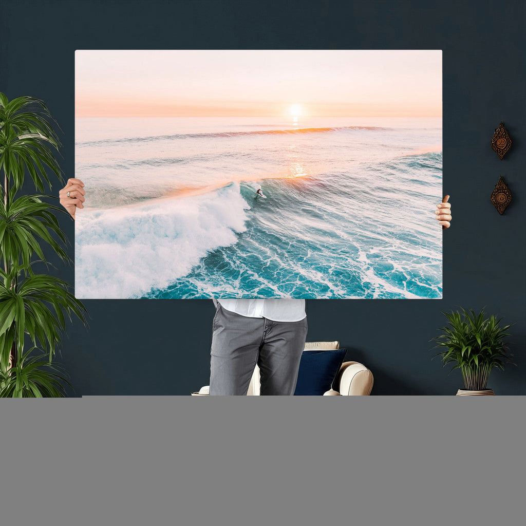 Sunset Surfing Wall Art Canvas Print, Ocean Wave Surfer with Golden Sky