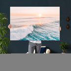 Sunset Surfing Wall Art Canvas Print, Ocean Wave Surfer with Golden Sky