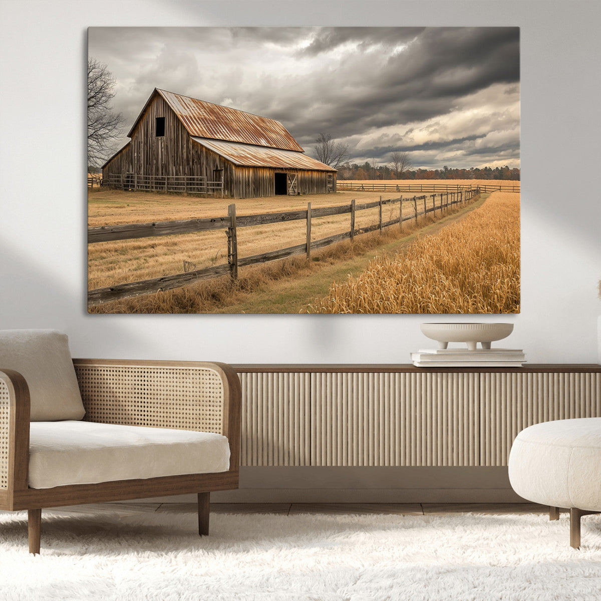 Rustic Farm Barn Wall Art Canvas Print, Stormy Sky Country Decor