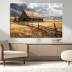 Golden Wheat Field Barn Canvas Print, Rustic Farm Landscape Under Dramatic Sky