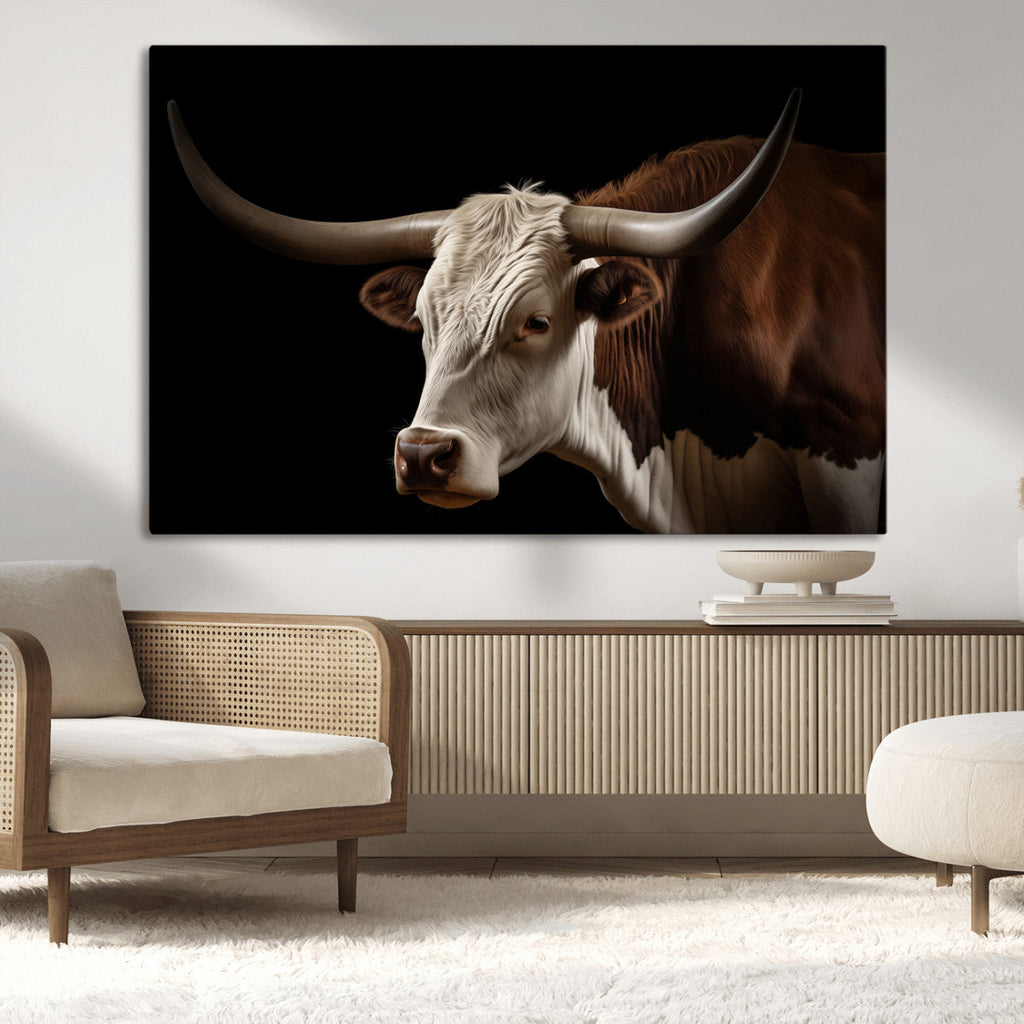 Texas Longhorn Bull Canvas Wall Art, Rustic Western Farmhouse Decor
