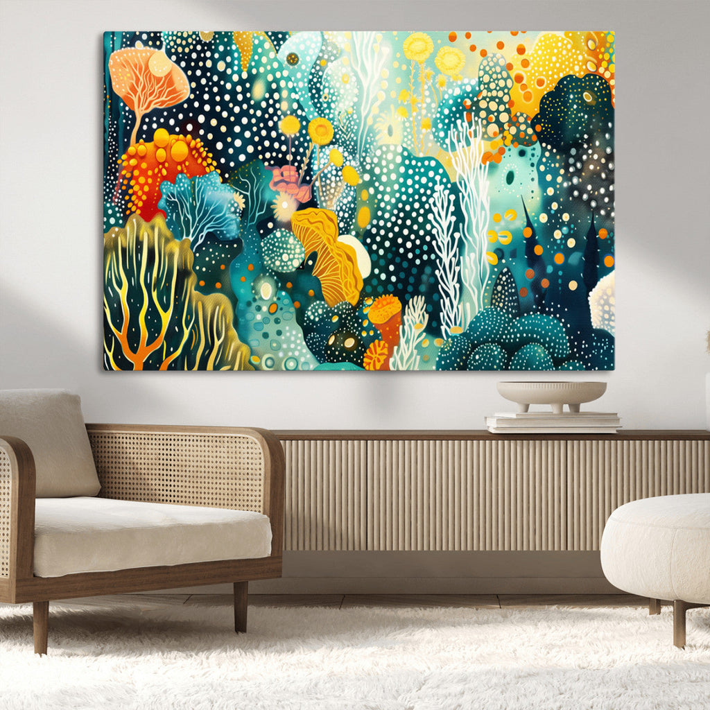 Luminous Abstract Ocean Garden Wall Art Canvas Print, Vibrant Coral Reef Marine Life