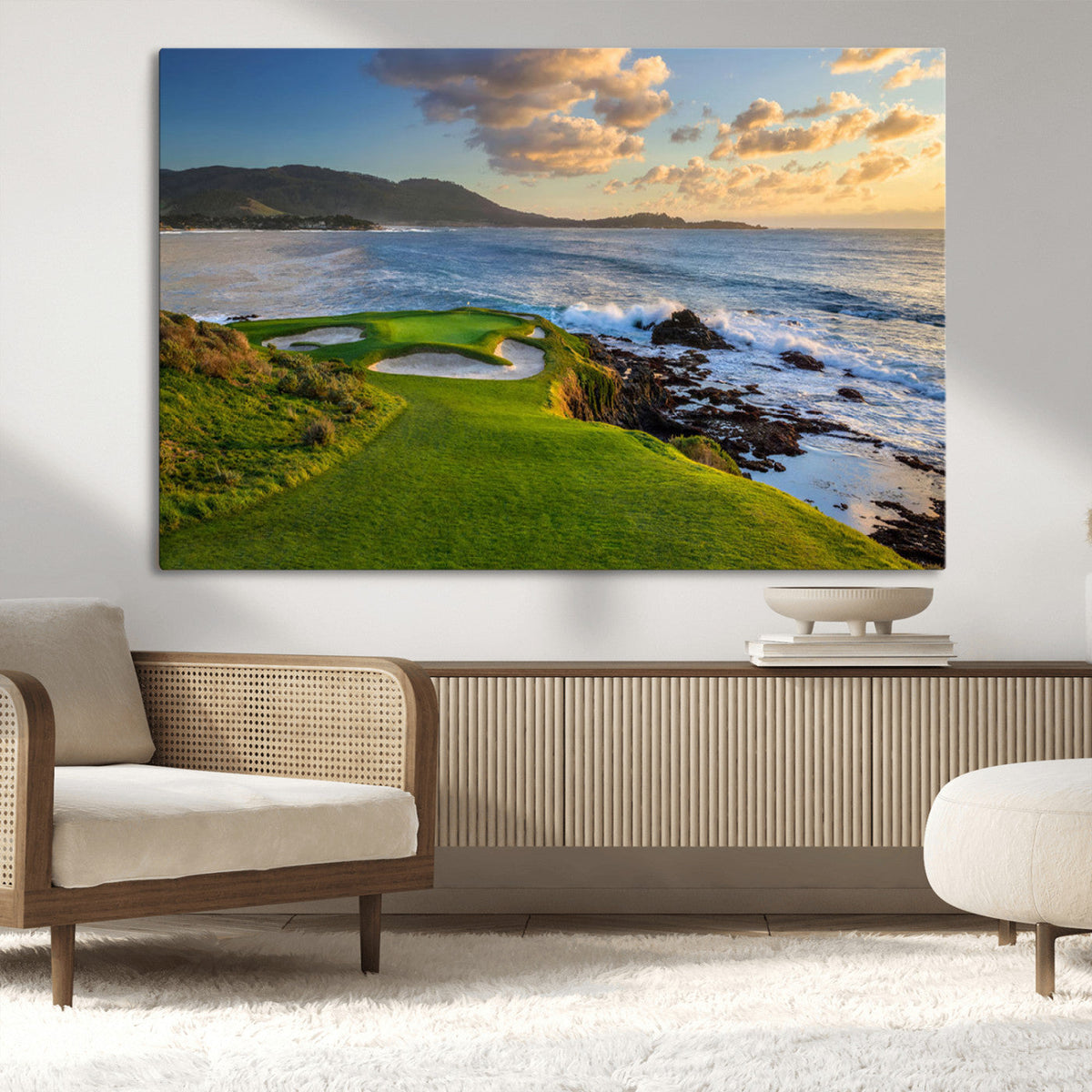 Coastal Golf Course Wall Art Canvas Print, Sunset with Rolling Green Fairways and Ocean Waves