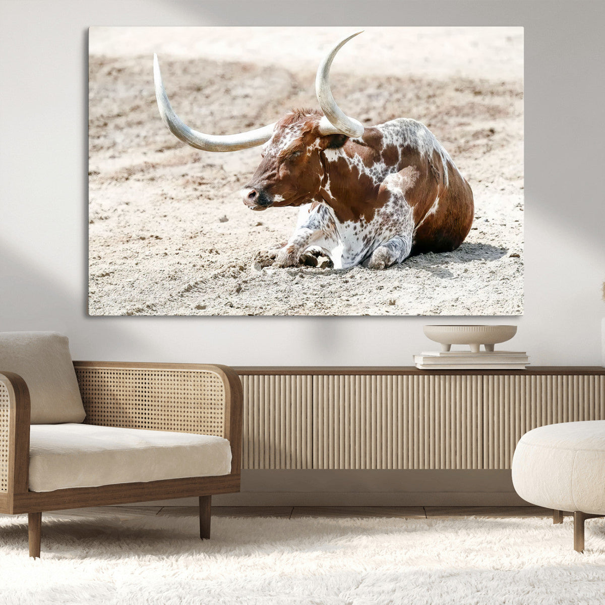 Majestic Longhorn Wall Art Canvas Print, Resting on Sunlit Desert Ground