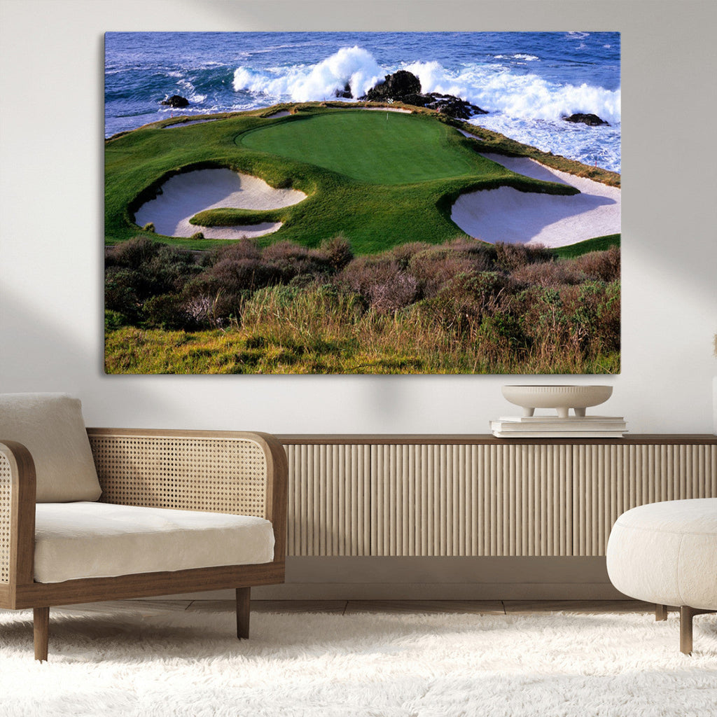 Ocean Cliff Golf Course Wall Art Canvas Print, Waves Crashing, Coastal Golf Landscape