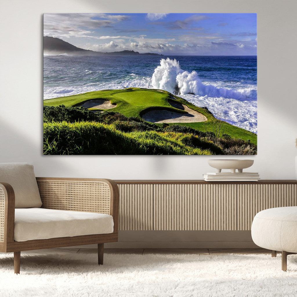 Ocean Waves Crashing Wall Art Canvas Print, Dramatic Rocky Coastline Near a Golf Course
