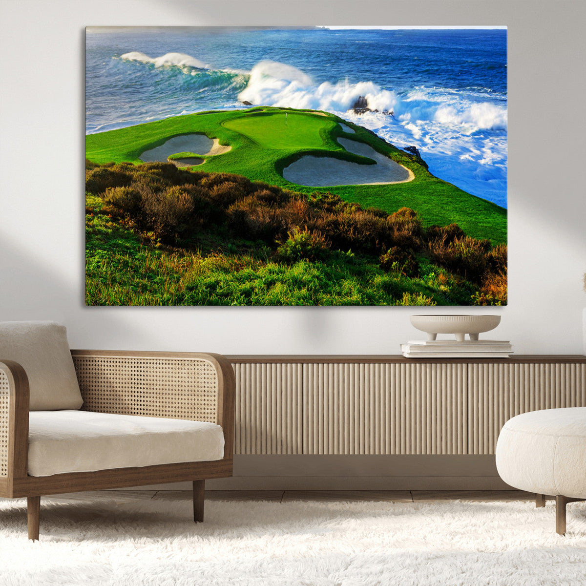Coastal Golf Course Wall Art Canvas Print, Vibrant Green with Sand Bunkers and Ocean Waves