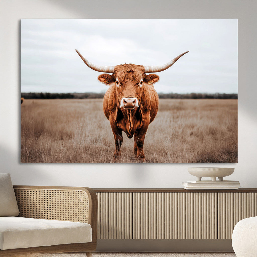 Longhorn Bull Wall Art Canvas Print, Framed Rustic Decor