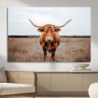 Longhorn Bull Wall Art Canvas Print, Framed Rustic Decor