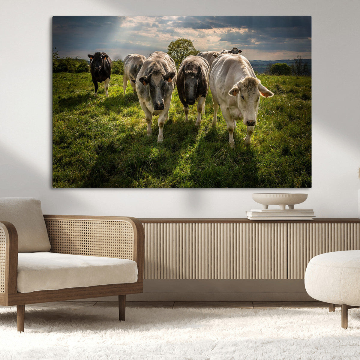 Grazing Cattle Herd Wall Art Canvas Print, Framed Green Pasture Farm Scene