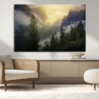 Misty Forest Sunrise Wall Art Canvas Print, Framed Mountain Valley Pine Trees