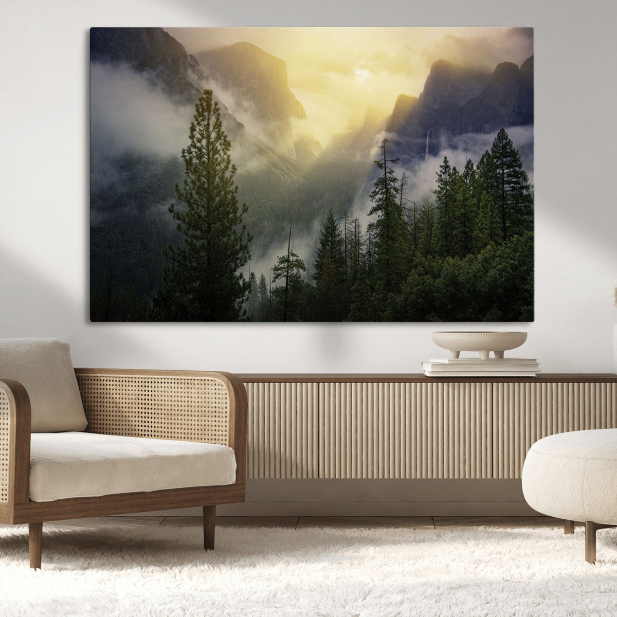 Misty Forest Sunrise Wall Art Canvas Print, Framed Mountain Valley Pine Trees