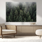 Misty Pine Forest Wall Art Canvas Print, Lush Green Trees Surrounded by Gentle Fog