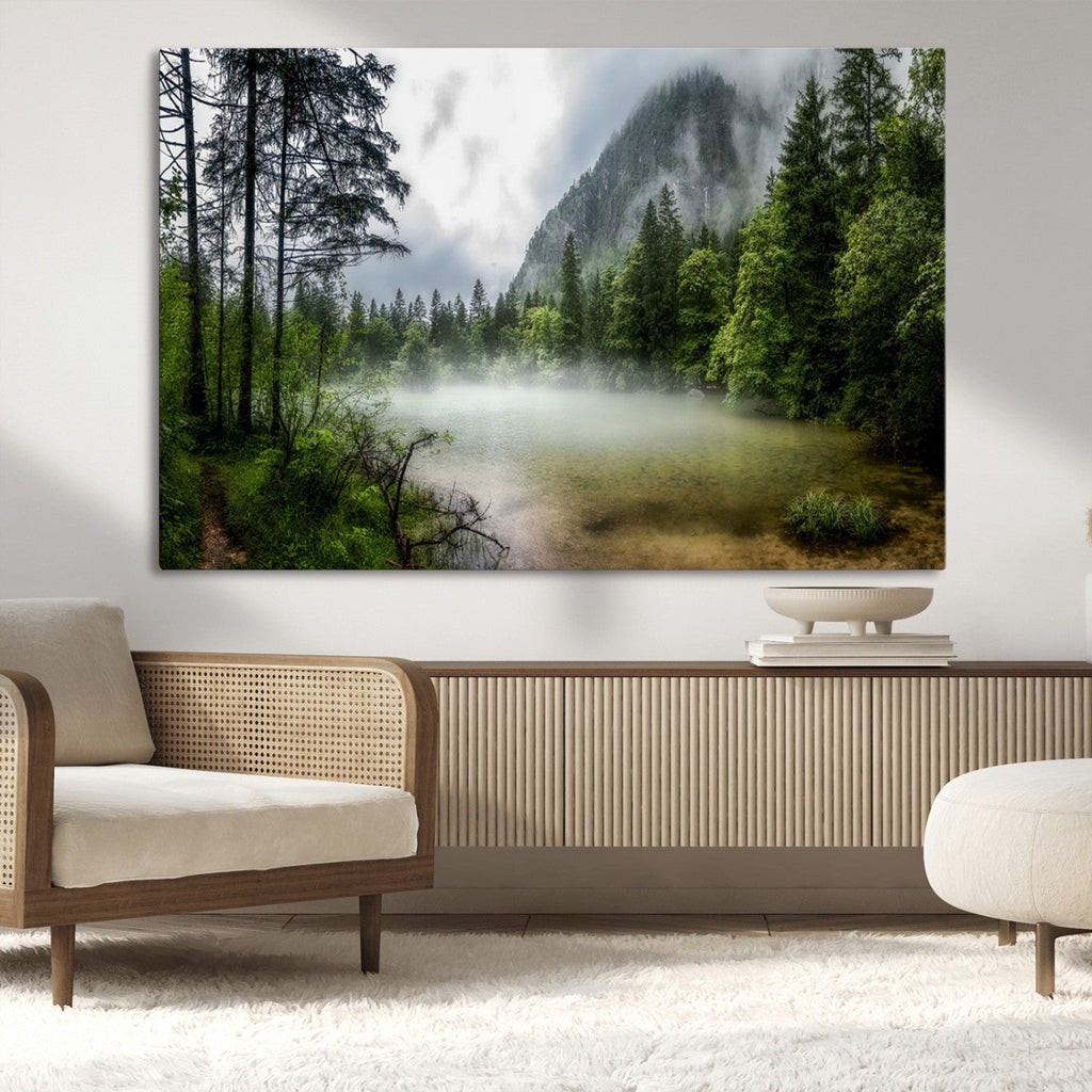 Misty Lake Forest Wall Art, Green Trees and Calm Water Reflection, Mountain Fog Landscape Canvas